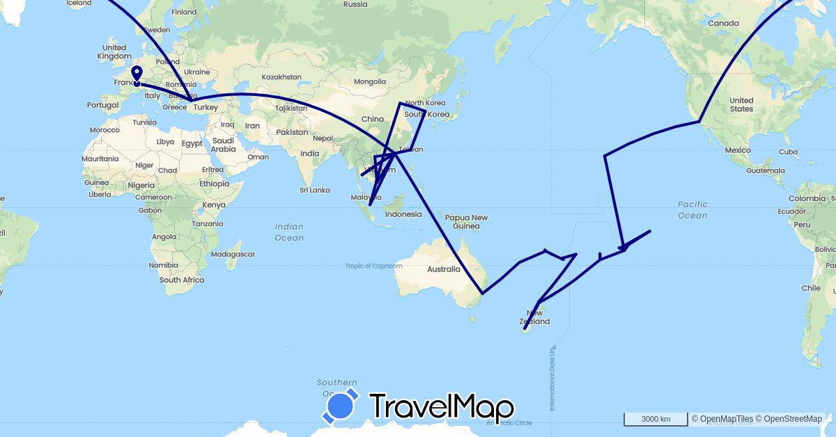 TravelMap itinerary: driving in Australia, Switzerland, Cook Islands, China, Fiji, France, South Korea, Niue, New Zealand, Singapore, Thailand, Tonga, Turkey, Taiwan, United States, Vietnam (Asia, Europe, North America, Oceania)
